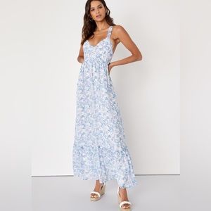Lulus “My Love Story” White Floral Print Tie-Back Maxi Dress